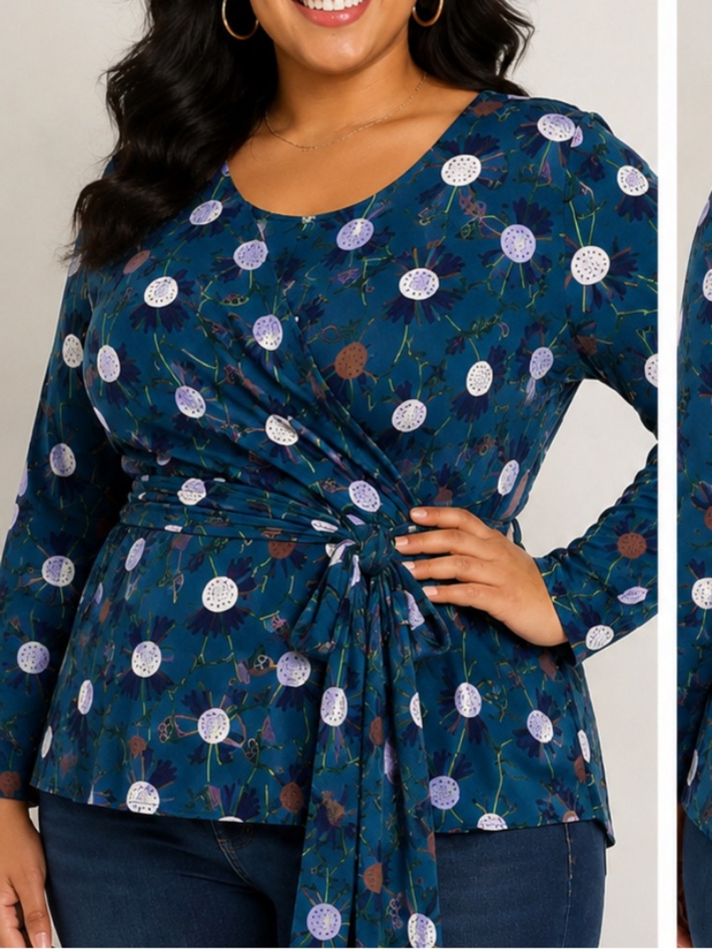 ELOQUII Wrap Top Size 22/24 Blue Floral Long Sleeve Tie Waist Stretch Plus